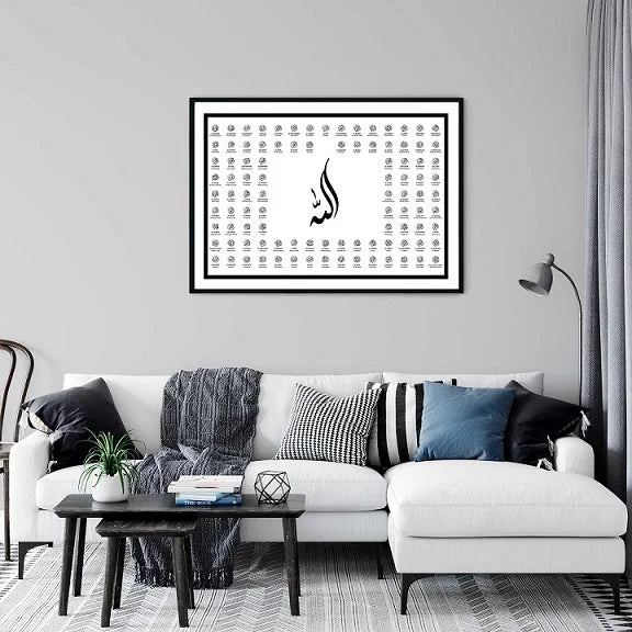 Black and white digital calligraphy of 99 Names of Allah with translation