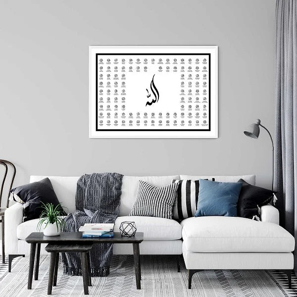 1. Modern black & white 99 Names of Allah with translation calligraphy for decor.