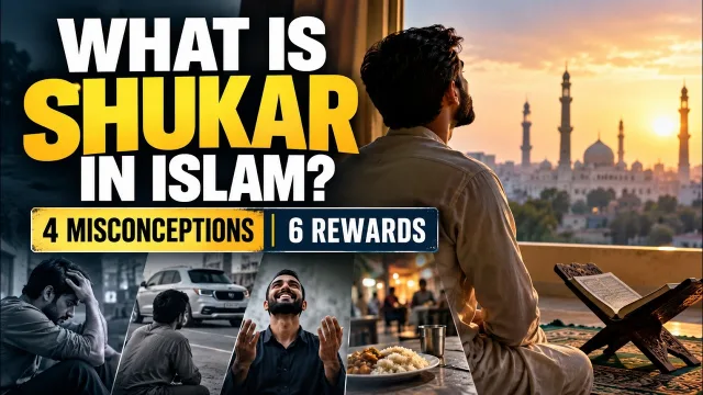 Video thumbnail: a man sits on a terrace at sunset looking towards a mosque, with an open Qur'an on a stand beside him and the words "What is Shukar in Islam? 4 misconceptions, 6 rewards".