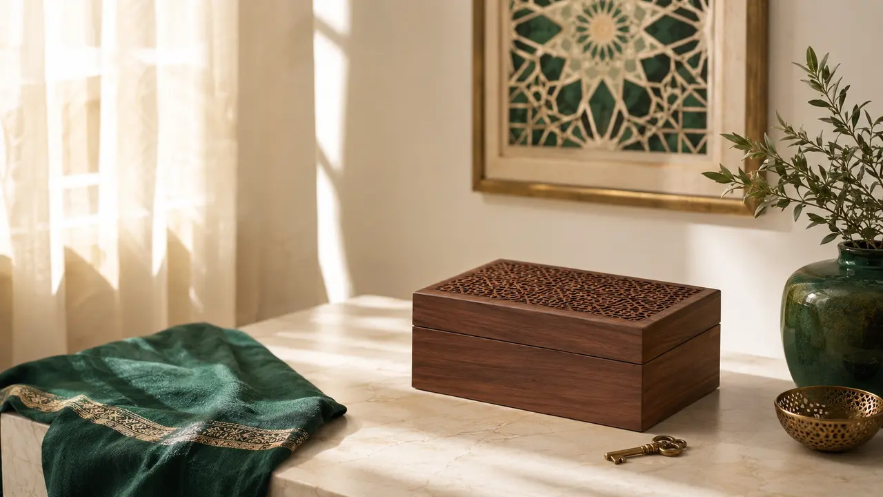 A closed carved wooden keepsake box and key in a calm emerald and ivory interior.