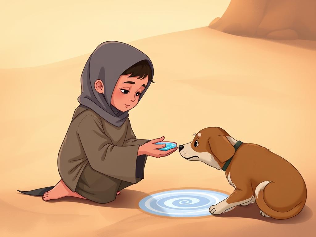 10 Inspirational Islamic Hadith Stories & Moral Lessons for Kids A child gently giving water to a thirsty dog, illustrating the Islamic Hadith story about kindness to animals