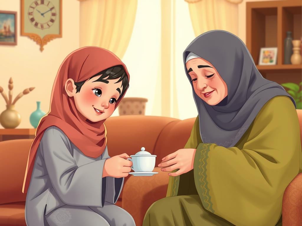 10 Inspirational Islamic Hadith Stories & Moral Lessons for Kids A child helping and showing respect to parents, illustrating the Islamic Hadith story about respecting parents