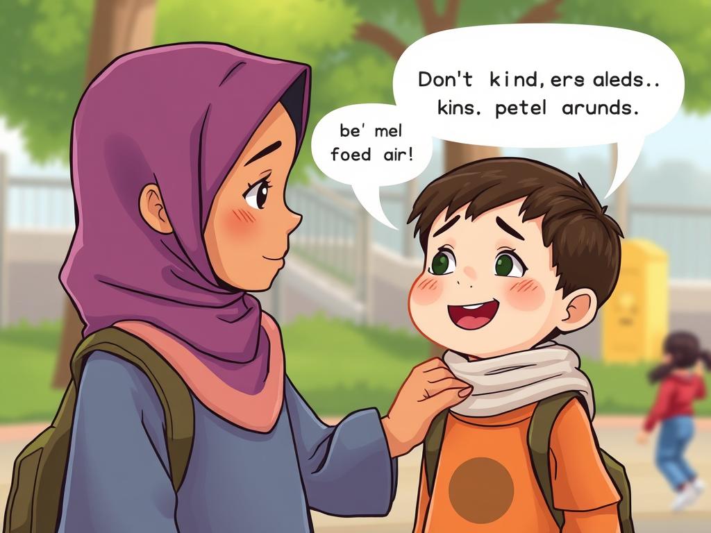 10 Inspirational Islamic Hadith Stories & Moral Lessons for Kids A child speaking kind words to another child who looks sad, illustrating the Islamic Hadith story about the power of kind words