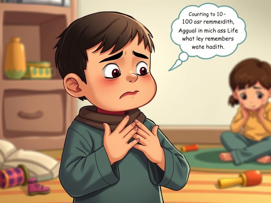10 Inspirational Islamic Hadith Stories & Moral Lessons for Kids A child taking deep breaths to control anger, illustrating the Islamic Hadith story about controlling anger