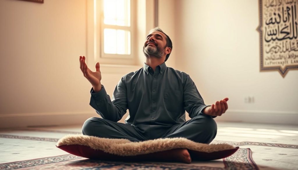 A devout Muslim man sits cross-legged on a plush prayer rug, his eyes closed and palms facing upwards in a posture of deep contemplation. Soft, warm light filters through a nearby window, casting a serene glow upon his face. The room is sparsely furnished, allowing the focus to remain on the man's meditative state. Intricate Arabic calligraphy adorns the walls, suggesting a reverent atmosphere. A sense of tranquility and spiritual connection permeates the scene, inviting the viewer to experience the profound calmness of AL-MALIK's presence during the ritual of prayer.