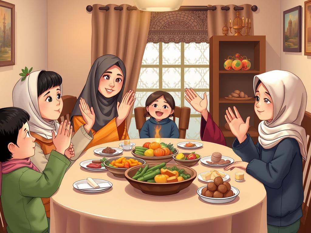 10 Inspirational Islamic Hadith Stories & Moral Lessons for Kids A family saying 'Alhamdulillah' before a meal, illustrating the Islamic Hadith story about gratitude