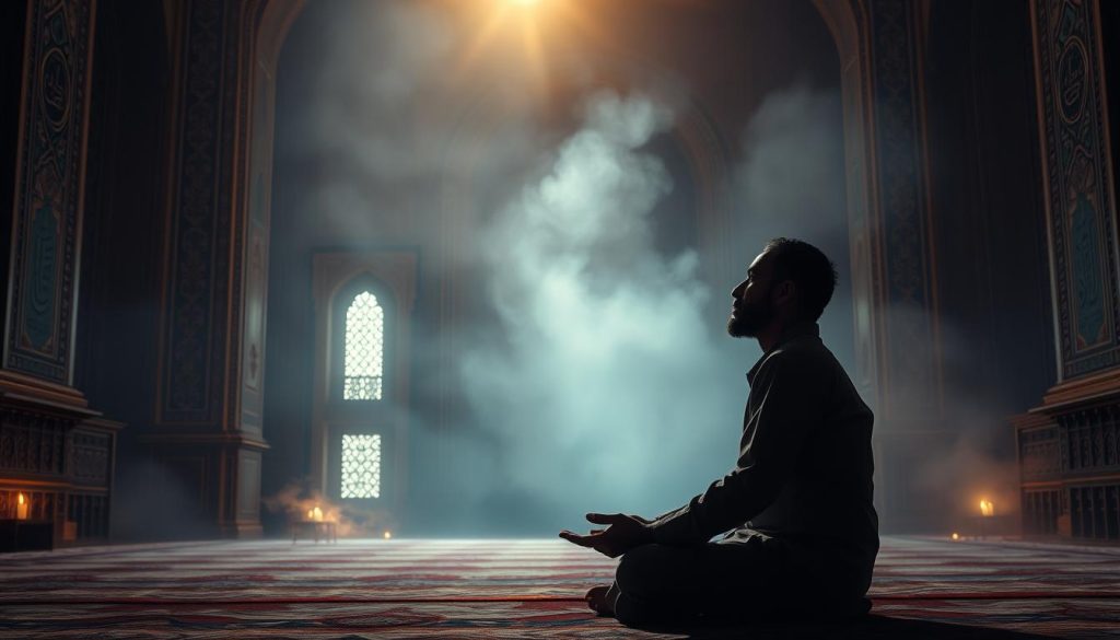 A mystical scene of the "al-malik wazeefa" practice unfolds. In the foreground, a devout individual sits in a lotus position, deep in contemplation, their face bathed in a warm, ambient light. The middle ground features ornate Islamic architectural elements, intricate patterns and calligraphic designs adorning the walls, hinting at the spiritual significance of the practice. The background is shrouded in a mysterious, atmospheric haze, evoking a sense of the divine and the infinite. The overall composition is balanced, with a harmonious interplay of light, shadow, and subtle color tones, creating a serene and meditative atmosphere conducive to the sacred ritual.