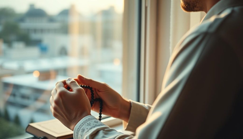 AL-MUQADDIM: Understanding Allah's Divine Name of Advancement A person contemplating life decisions with Islamic prayer beads in hand, symbolizing trust in Allah's timing