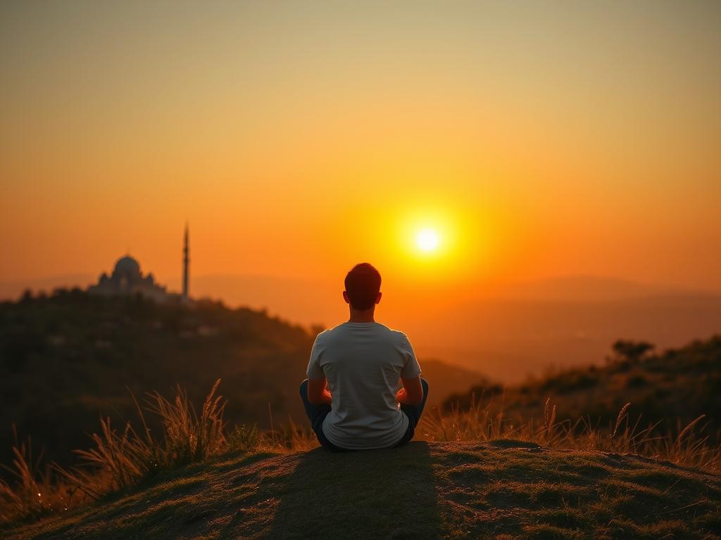 A person looking thoughtfully at a sunset, contemplating Allah's wisdom