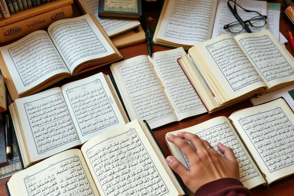 AL-MUQADDIM: Understanding Allah's Divine Name of Advancement A person studying Islamic texts about Allah's names with notes and reference materials