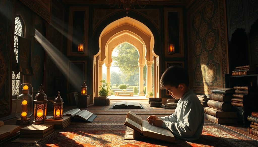 A serene Islamic study space with a young student intently reading the Quran, surrounded by rich tapestries, ancient manuscripts, and ornate lanterns casting a warm glow. In the background, a classical Islamic architectural archway frames a view of a tranquil garden. The scene is captured with a wide-angle lens, creating a sense of depth and grandeur, evoking the weight and importance of Quranic studies. Subtle rays of sunlight filter through the windows, adding a contemplative, ethereal atmosphere. This image is provided by "Islamic Wall Arts".