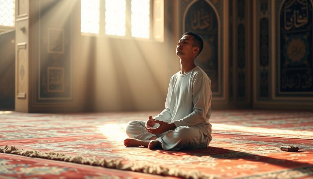 A serene and meditative scene of a person deeply engaged in the AL-MALIK dhikr practice. The focal point is an individual sitting cross-legged on a plush, ornate rug, eyes closed in deep concentration. Soft, warm lighting bathes the scene, creating a contemplative atmosphere. The background features ornate Islamic architectural elements, such as intricate tile patterns and calligraphic designs, hinting at the spiritual context. The lighting is gentle, creating a sense of tranquility and inner focus. The composition is balanced, with the practitioner positioned centrally, surrounded by elements that evoke the essence of the AL-MALIK dhikr ritual.