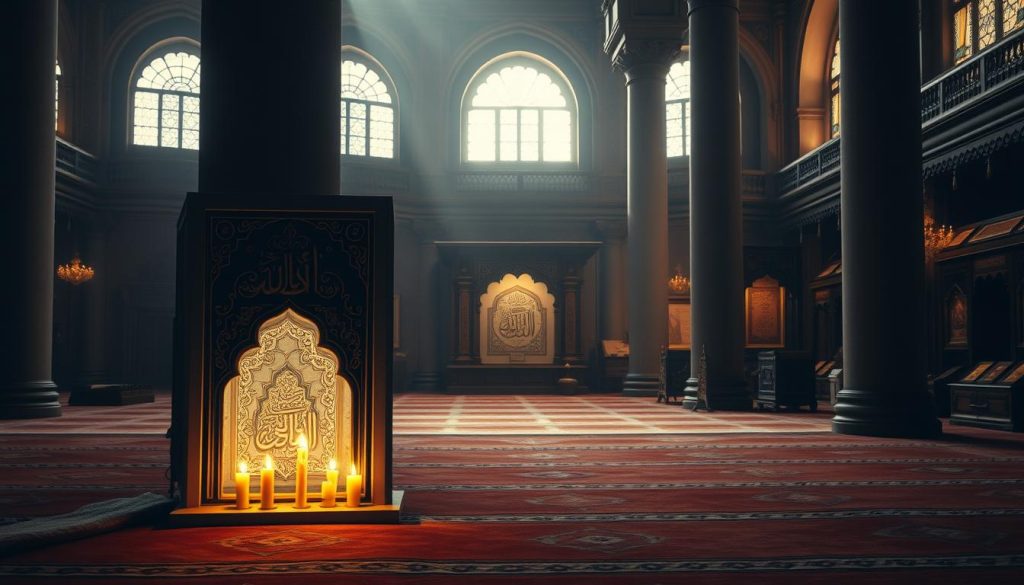 A serene, dimly lit spiritual environment. In the foreground, a softly glowing, ornate mihrab niche adorned with intricate calligraphic patterns and gilded details. Flickering candles cast a warm, contemplative glow. In the middle ground, plush prayer rugs in rich, earthy tones. Towering pillars with delicate arched windows along the periphery, allowing shafts of ethereal, diffused light to filter in. The background features ornate, carved wooden furnishings and shelves displaying ancient Islamic manuscripts and artifacts. An atmosphere of profound reverence, quiet contemplation, and a palpable connection to the divine.