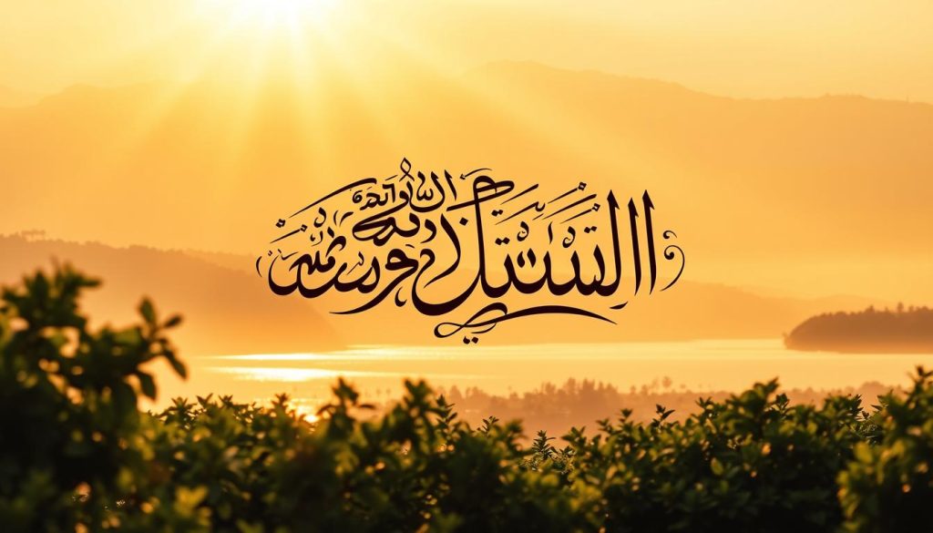 A serene, radiant landscape bathed in warm, golden light. At the center, a magnificent, ornate calligraphic rendering of the Divine Name Ar-Raheem - the All-Merciful - adorns the scene, its intricate script and ornate flourishes evoking a sense of boundless divine compassion. In the foreground, lush, verdant foliage frames the calligraphy, conveying the abundant blessings and sustenance that flow from this sacred Name. The middle ground depicts a tranquil pond or river, its still, reflective surface mirroring the luminous calligraphy above. In the distance, a hazy, dreamlike horizon suggests the boundless expanse of the Almighty's mercy and grace. The entire composition radiates a serene, reverent atmosphere, inviting the viewer to contemplate the profound significance of Ar-Raheem.