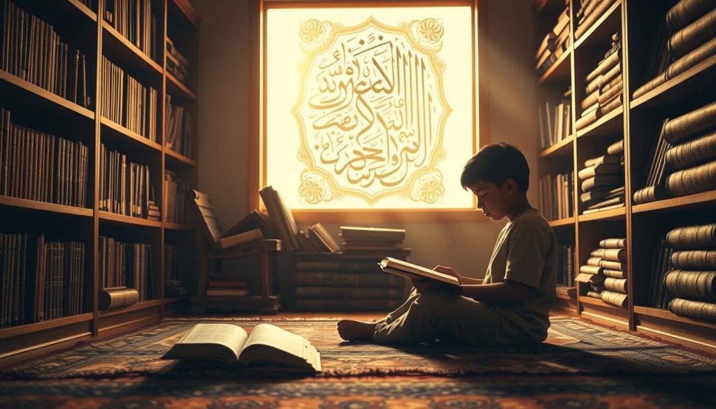 A serene study nook, bathed in warm, golden light from a large window. In the foreground, a young student sits cross-legged on a plush rug, intently studying a well-worn Hadith book, their face reflecting deep contemplation. Surrounding them, bookshelves line the walls, filled with ancient tomes and scrolls, evoking a sense of timeless wisdom. In the middle ground, a calligraphic Islamic Wall Arts piece adorns the wall, its intricate patterns and flowing script adding to the atmosphere of reverence and spirituality. The background fades into a soft, hazy blur, creating a sense of tranquility and focus, perfect for the study of the Prophet's teachings.