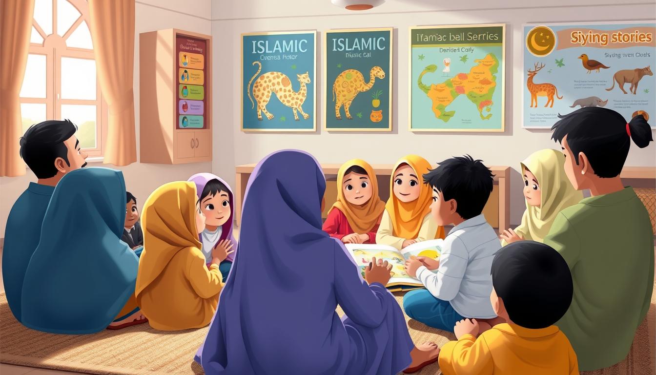 A teacher sharing Islamic Hadith stories for children in a colorful classroom setting