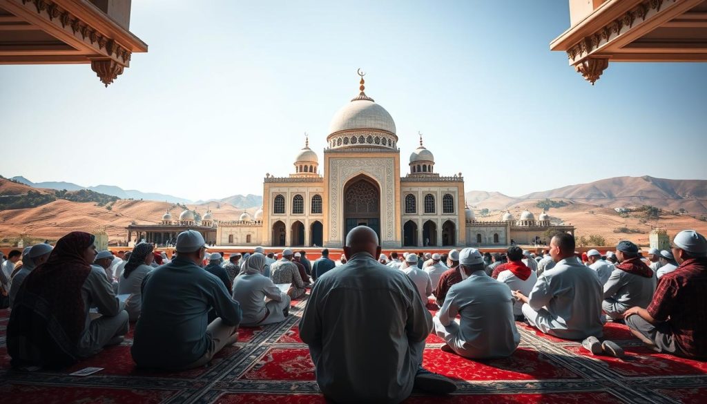 A vibrant and serene scene of Islamic education, captured with a wide-angle lens and soft natural lighting. In the foreground, a group of students sit cross-legged on ornate rugs, immersed in the study of the Quran and ancient Islamic texts. Behind them, a grand, domed mosque with intricate calligraphic patterns and stained-glass windows dominates the middle ground. The background features rolling hills and a clear, azure sky, creating a sense of tranquility and connection to the divine. The overall atmosphere evokes a timeless, spiritual essence of Islamic learning. Brand name: Islamic Wall Arts.