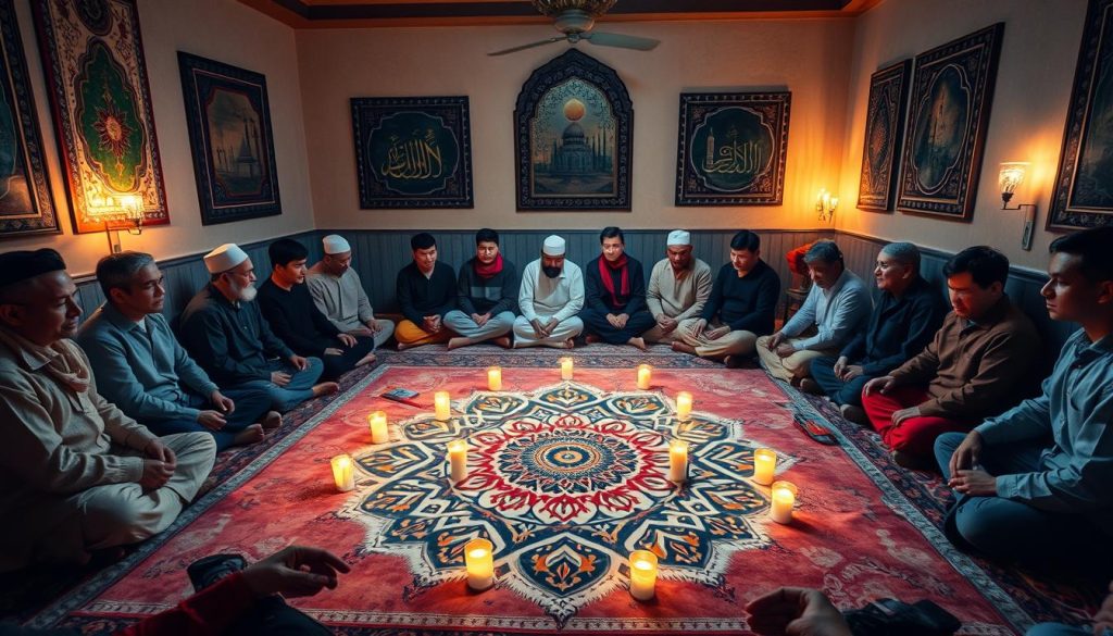 A vibrant community gathering, with a group of devoted individuals seated in a cozy, dimly lit room. The focus is on a central mandala-like pattern on the floor, surrounded by plush cushions and prayer rugs. Soft candlelight casts a warm, meditative glow, as the participants engage in the rhythmic recitation of the Wazeefa, their faces serene and contemplative. In the background, Islamic Wall Arts adorn the walls, complementing the spiritual atmosphere. The scene conveys a sense of unity, introspection, and the transformative power of collective spiritual practice.