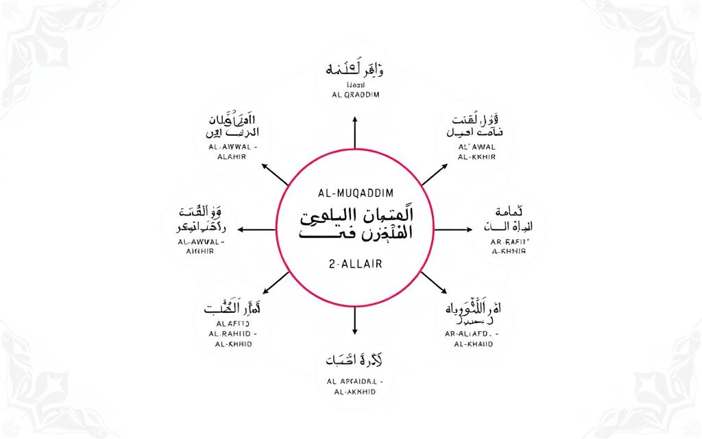 AL-MUQADDIM: Understanding Allah's Divine Name of Advancement A visual diagram showing the relationships between Allah's complementary names including AL-MUQADDIM