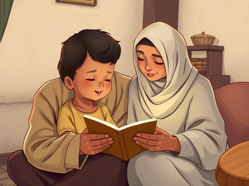 10 Inspirational Islamic Hadith Stories & Moral Lessons for Kids An adult comforting and caring for an orphan child, illustrating the Islamic Hadith story about caring for orphans