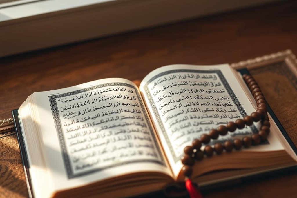 AL-MUQADDIM: Understanding Allah's Divine Name of Advancement An open Quran with Arabic text and prayer beads beside it, symbolizing the study of Allah's names