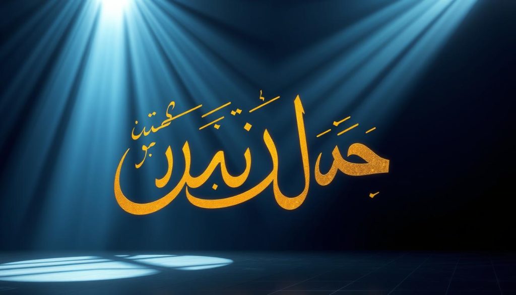 Ar-Raheem in Islamic Calligraphy: A divine representation of the Merciful Essence A magnificent, ethereal calligraphic depiction of the name Ar-Raheem - the All-Merciful, in a brilliant, golden hue. The script flows with graceful curves and flourishes, evoking a sense of tranquility and divine benevolence. The calligraphy is set against a serene, midnight-blue background, creating a contemplative, reverent atmosphere. Rays of soft, diffused light emanate from the calligraphic work, illuminating the space with a subtle, otherworldly glow. The overall composition radiates a profound sense of spiritual depth and the boundless mercy of the Divine.