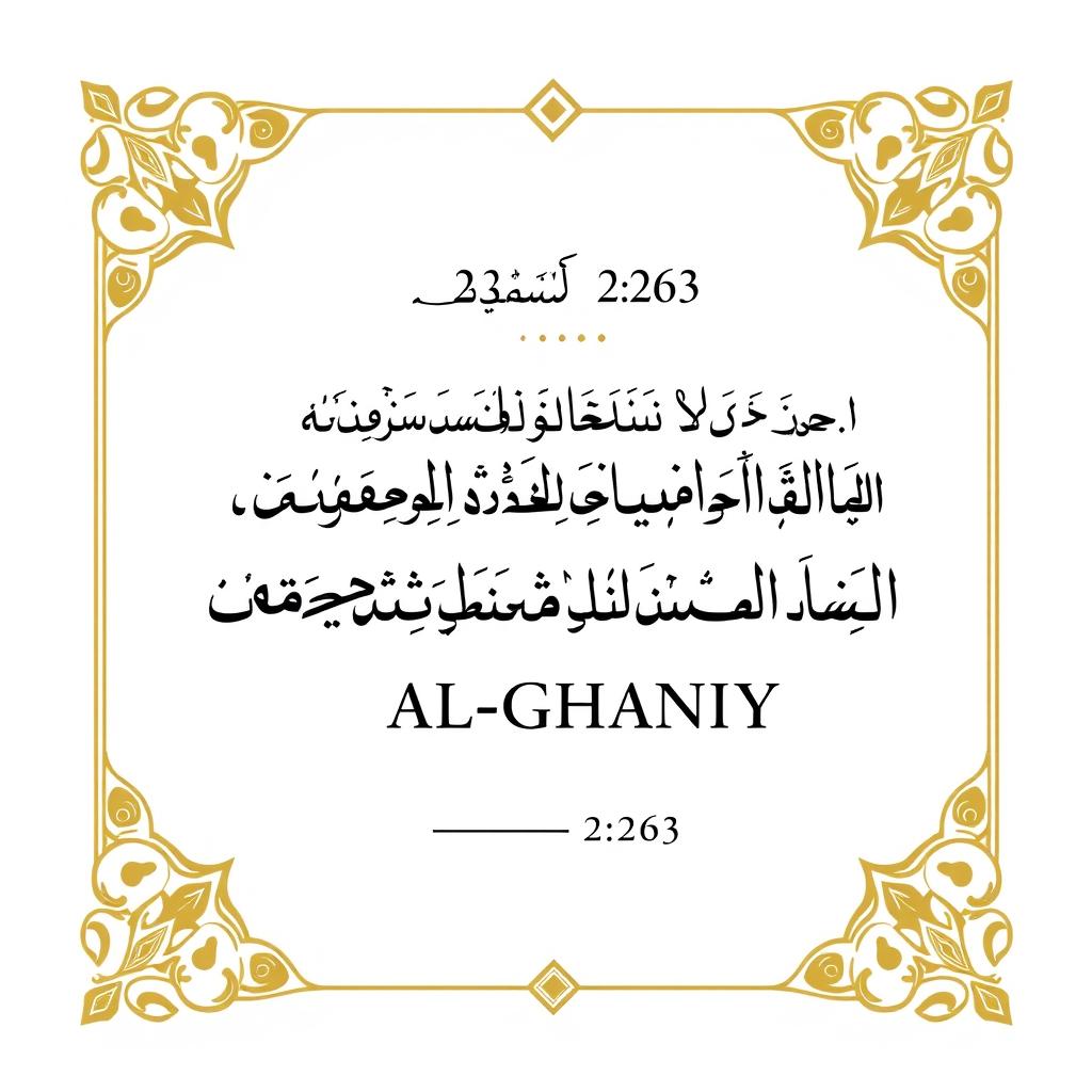 Arabic calligraphy of Quran verse 2:263 mentioning Allah's name AL-GHANIYY