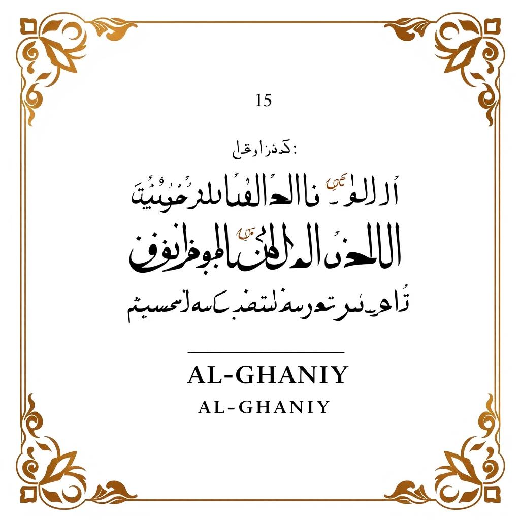 Arabic calligraphy of Quran verse 35:15 mentioning Allah's name AL-GHANIYY