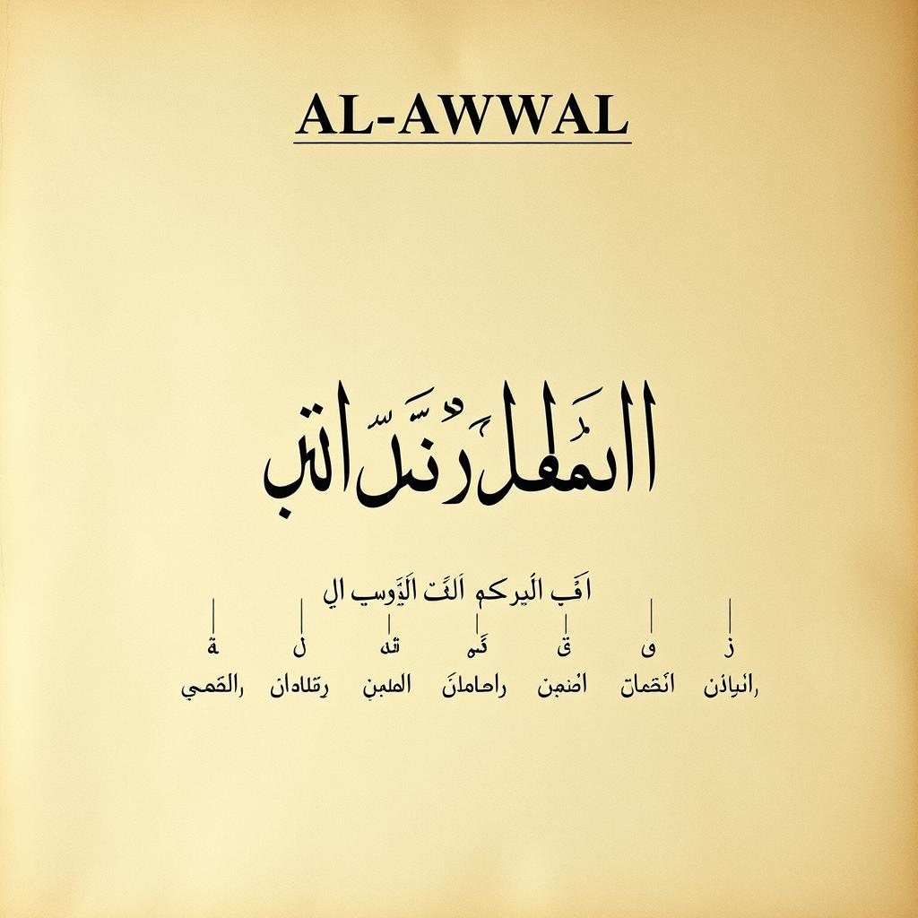 AL-AWWAL (الأوّل): The Divine Name of Allah, Meaning "The First" Arabic calligraphy showing the root letters of AL-AWWAL (الأوّل) with linguistic annotations
