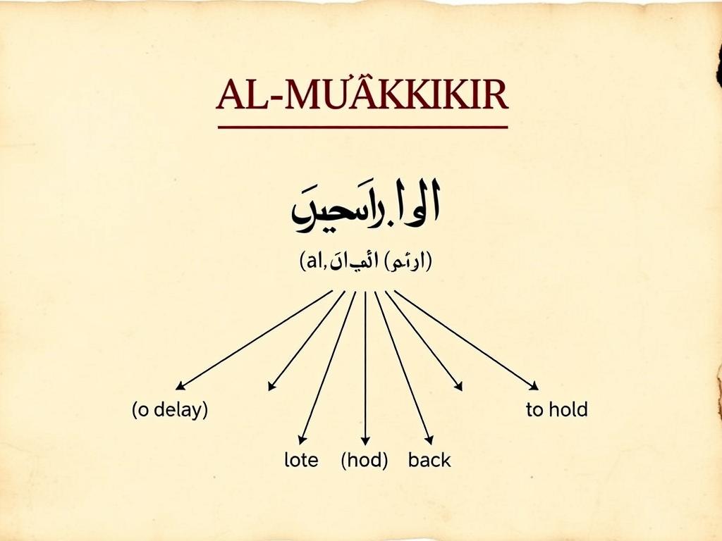 Arabic calligraphy showing the root letters of AL-MU'AKHKHIR with their linguistic meanings