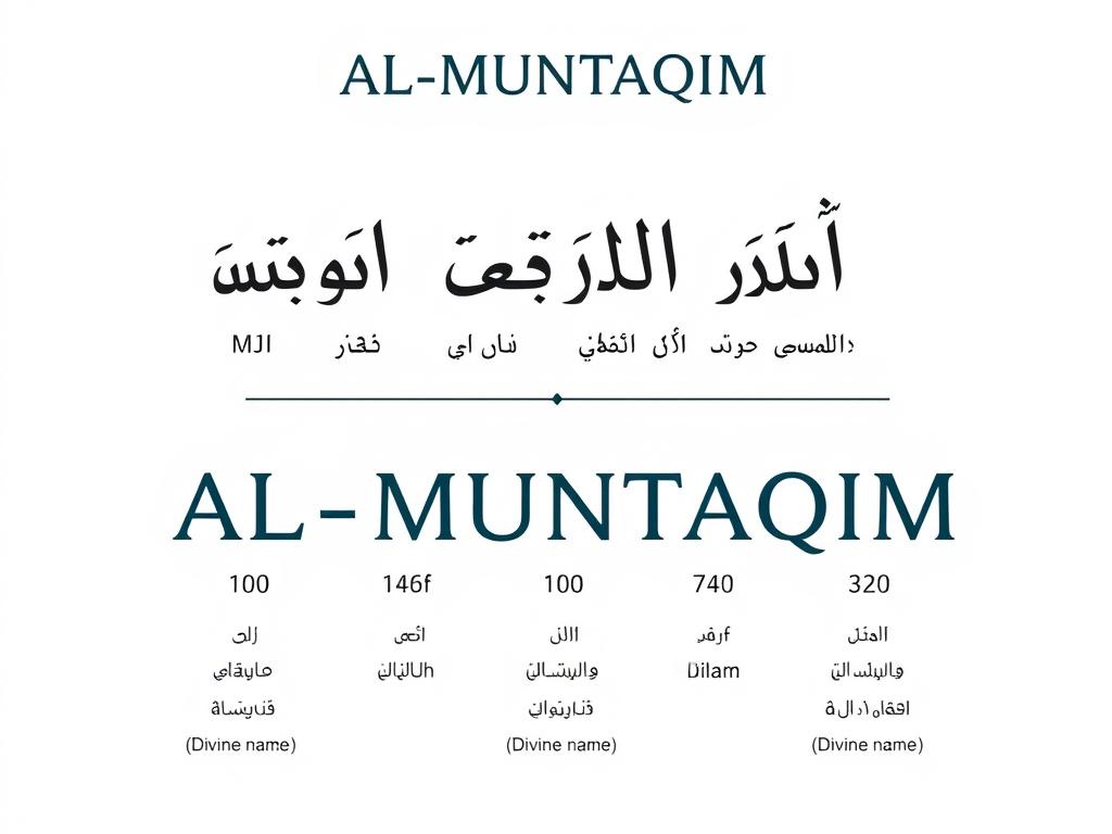AL-MUNTAQIM: Understanding Allah's Name of Divine Justice Arabic calligraphy showing the root letters of AL-MUNTAQIM with their linguistic breakdown