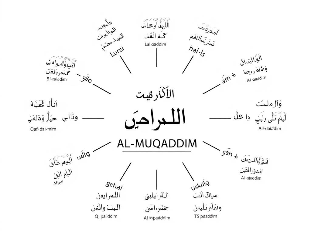 AL-MUQADDIM: Understanding Allah's Divine Name of Advancement Arabic calligraphy showing the root letters qaf-dal-mim with their linguistic derivatives branching out
