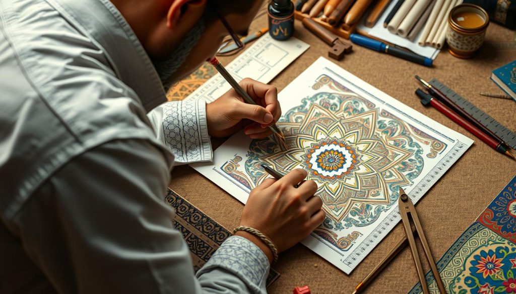 Artist working on Islamic geometric art patterns