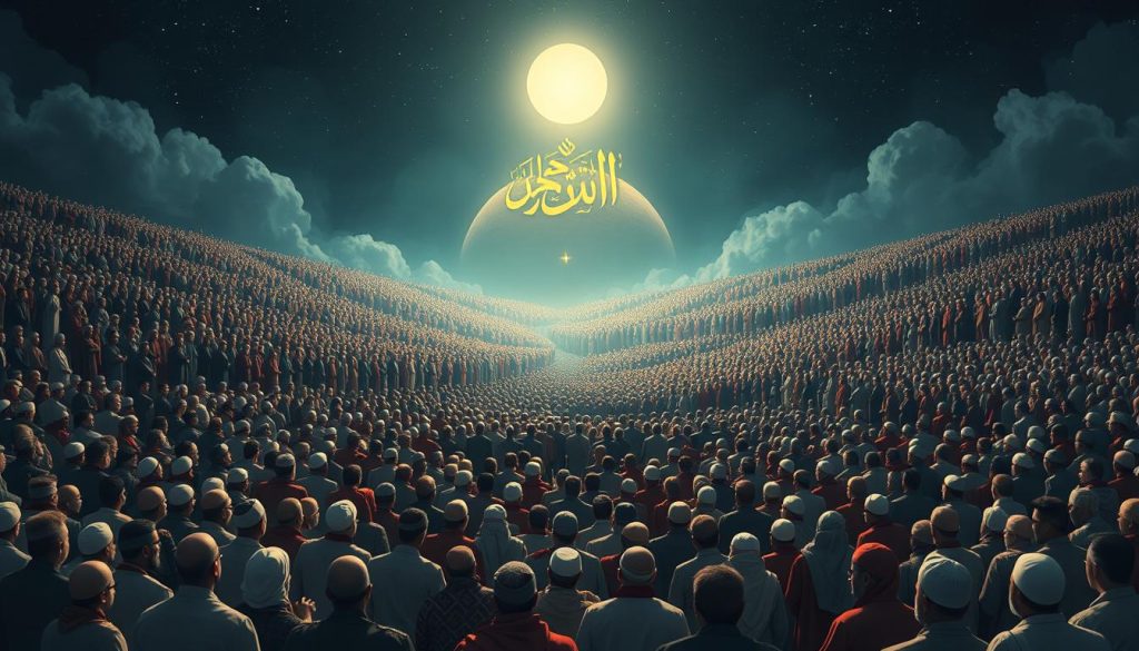 Artistic depiction of Allah gathering humanity on the Day of Judgment