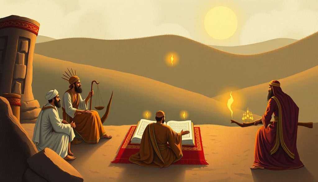 AL-MUQSIT: The Divine Name of Perfect Justice and Equity Artistic depiction of Quranic stories showing divine justice in action, illustrating AL-MUQSIT