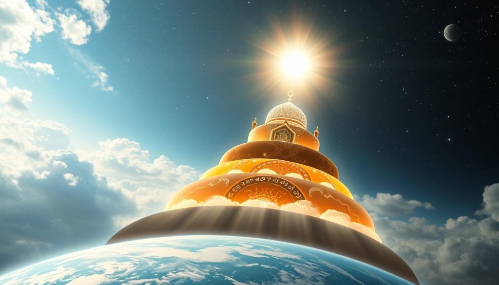 Artistic representation of Allah's transcendence above creation with seven heavens