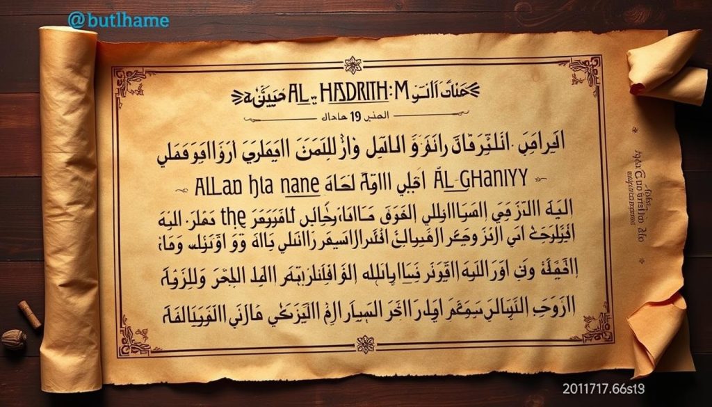 Artistic representation of a hadith scroll with Prophet Muhammad's teachings about Allah's name AL-GHANIYY