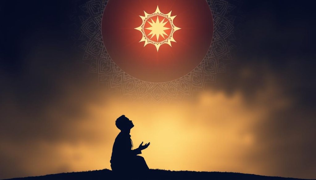 Artistic representation of a person in prayer invoking AS-SAMAD (Allah's Name)