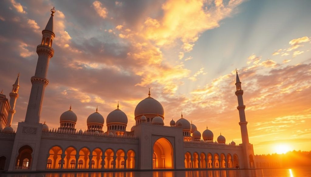 The Majesty and Generosity of Allah: Understanding Dhul-Jalaali wal-Ikraam Beautiful mosque at sunset symbolizing divine majesty and beauty