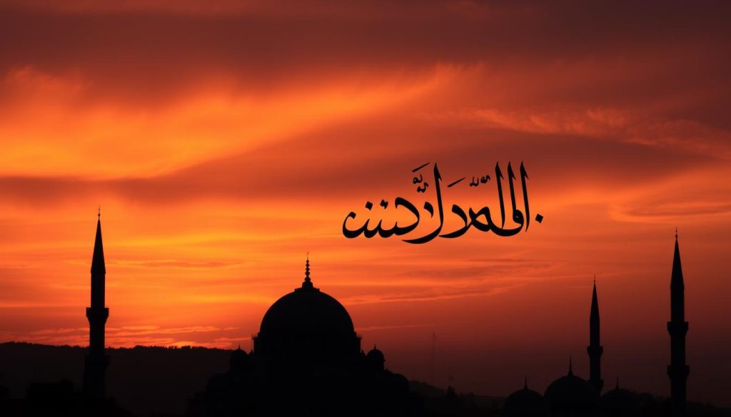 Beautiful sunset over Islamic architectural silhouette with Arabic calligraphy of AL-BADEE