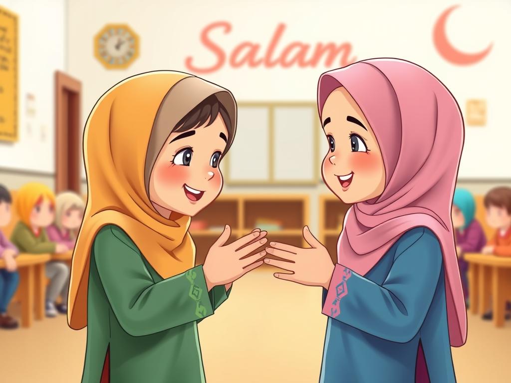 10 Inspirational Islamic Hadith Stories & Moral Lessons for Kids Children demonstrating good manners by greeting each other with 'Salam,' illustrating Islamic Hadith stories for children
