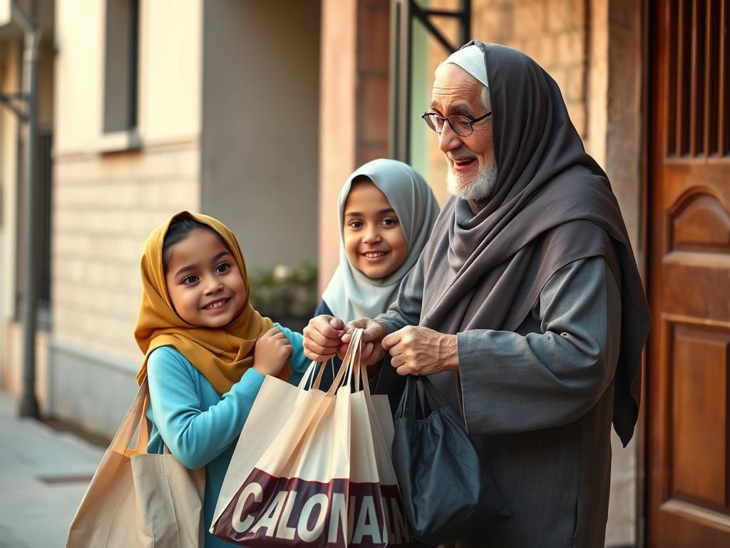 10 Inspirational Islamic Hadith Stories & Moral Lessons for Kids Children helping an elderly person carry groceries, illustrating the Islamic Hadith story about helping others