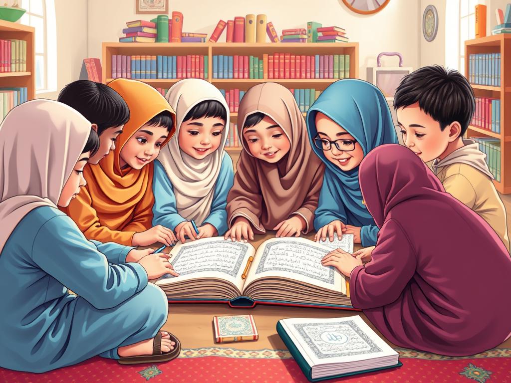 10 Inspirational Islamic Hadith Stories & Moral Lessons for Kids Children studying Islamic texts together, illustrating the Hadith story about seeking knowledge