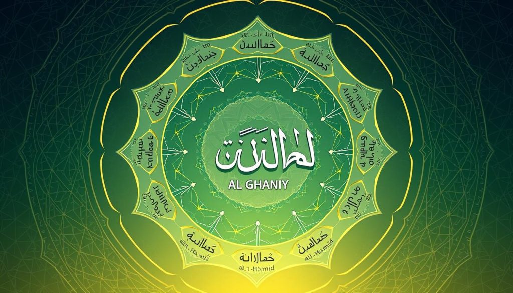 Conceptual illustration showing Allah's name AL-GHANIYY (الغني) and its relationship to other divine names