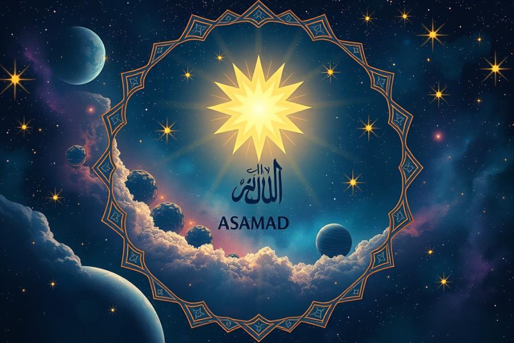 Conceptual illustration showing creation turning to AS-SAMAD (Allah's Name) as the ultimate refuge