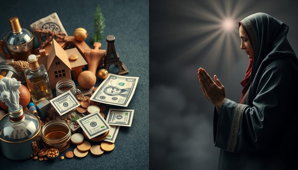 Contrast between worldly possessions and spiritual legacy showing material wealth on one side and good deeds on the other