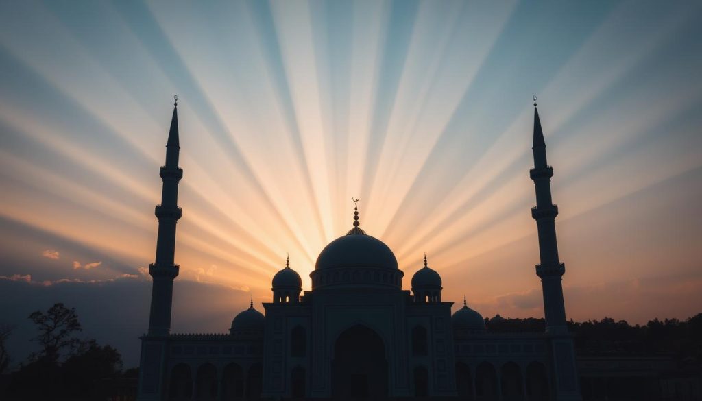 Dawn breaking over a mosque symbolizing the illumination of An-Nur (The Light)