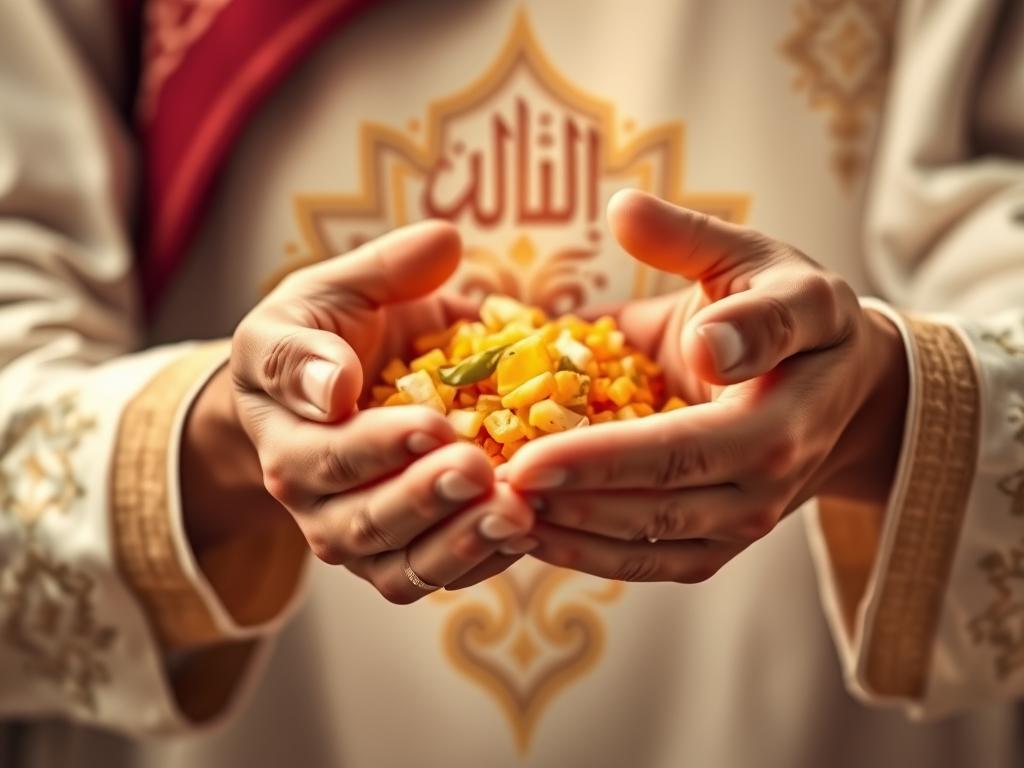 Hands giving charity symbolizing emulating Allah's generosity as AL-GHANIYY