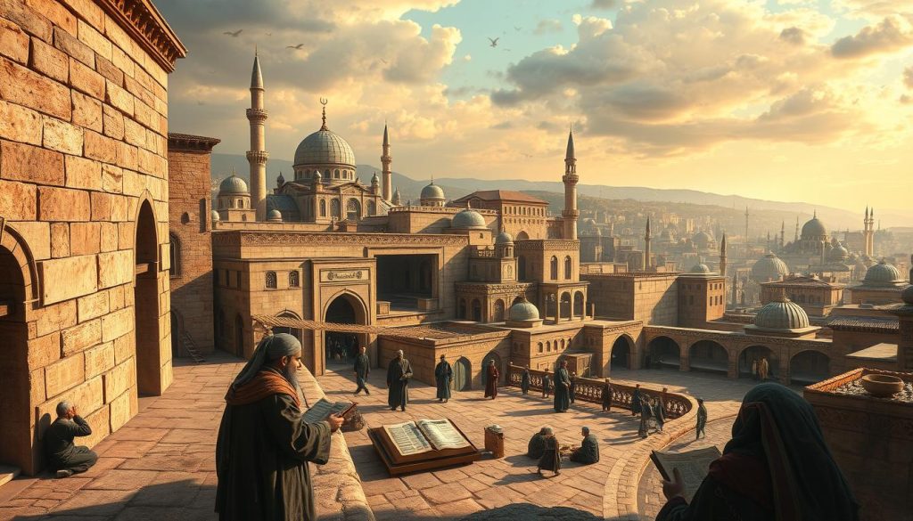 Historical scene of medieval Damascus showing the scholarly environment where Ibn Qudamah composed Al-Mughni