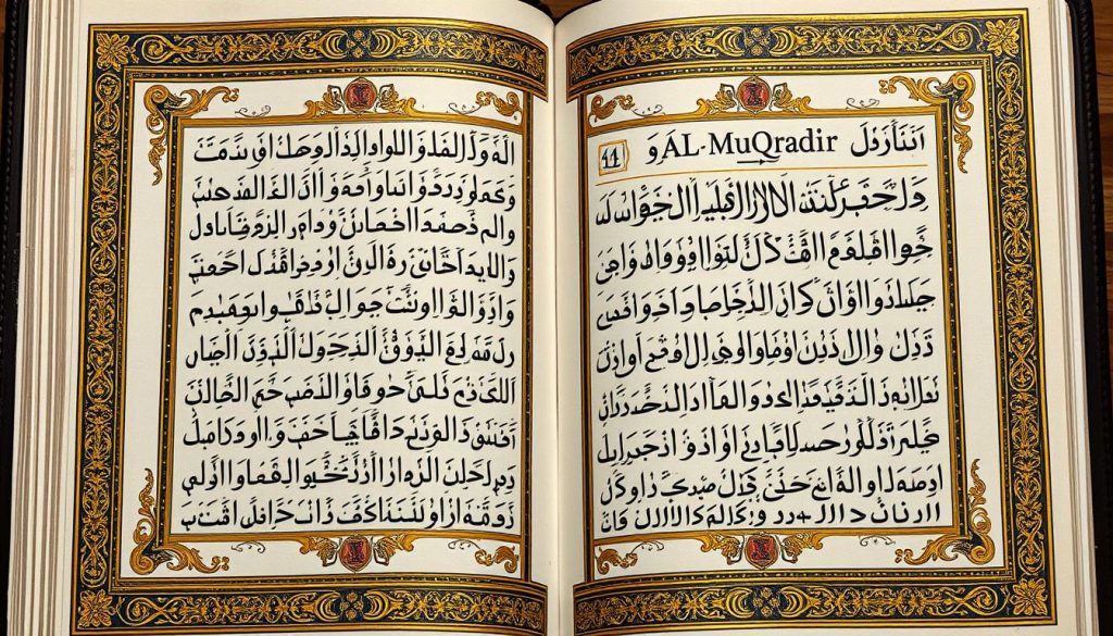 AL-MUQTADIR: The Divine Name of Perfect Power and Ability Illuminated Quranic manuscript showing verses that mention AL-MUQTADIR